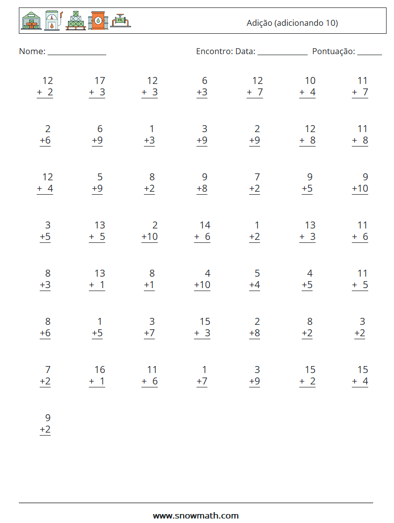 (50) Adição (adicionando 10) planilhas matemáticas 2