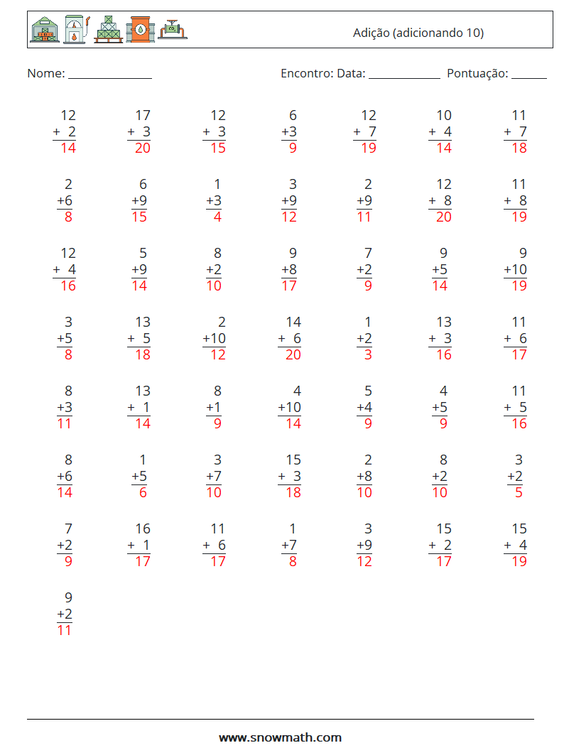 (50) Adição (adicionando 10) planilhas matemáticas 2 Pergunta, Resposta