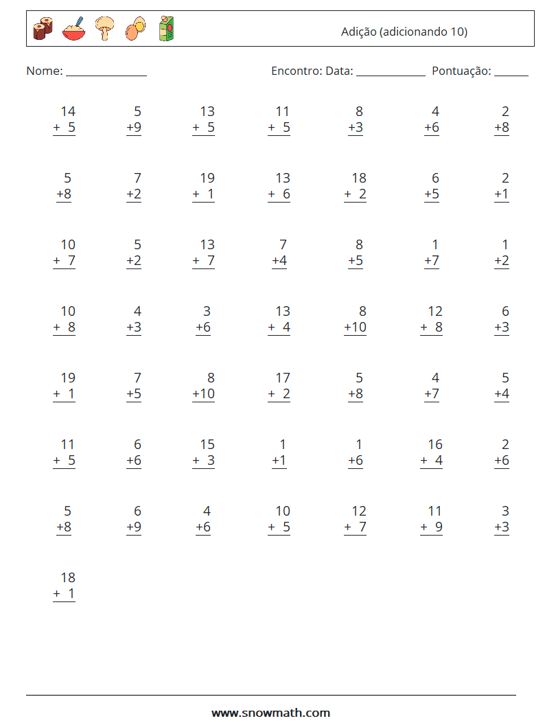 (50) Adição (adicionando 10) planilhas matemáticas 3