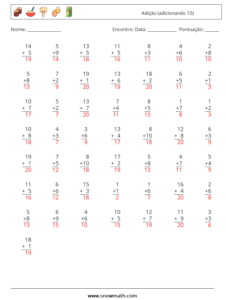 (50) Adição (adicionando 10) planilhas matemáticas 3 Pergunta, Resposta