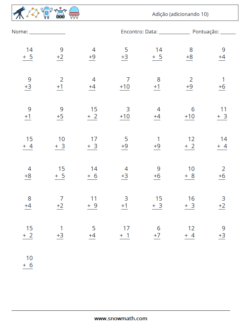 (50) Adição (adicionando 10) planilhas matemáticas 4