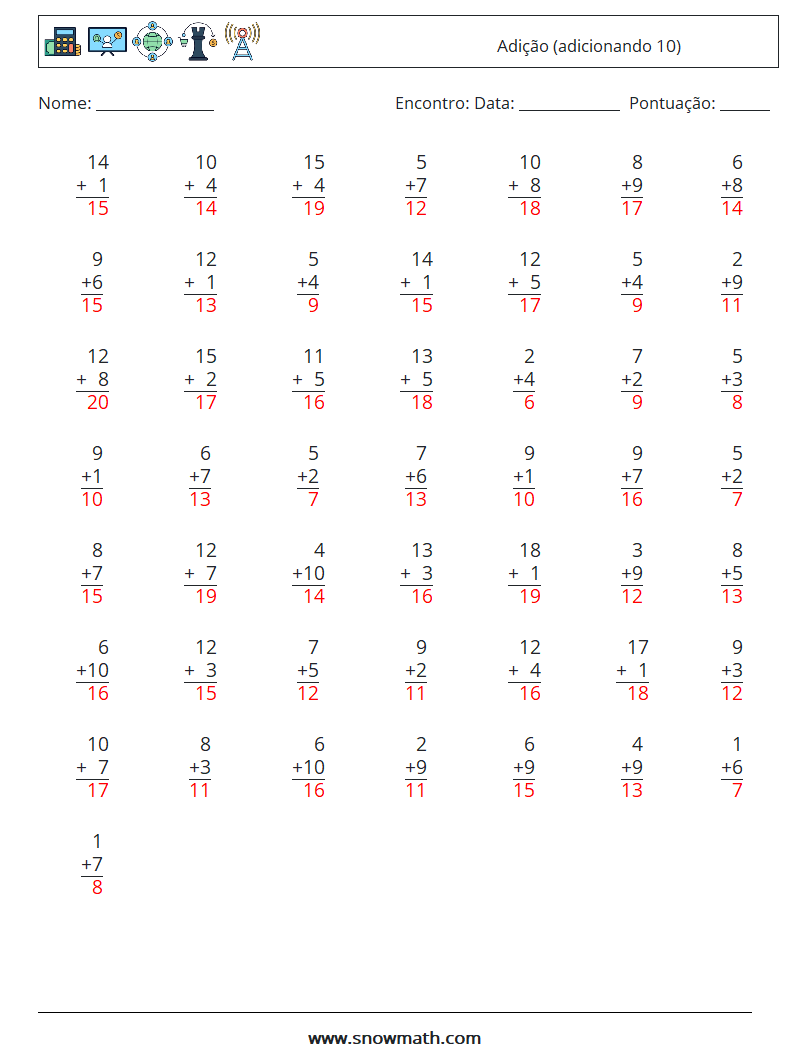 (50) Adição (adicionando 10) planilhas matemáticas 5 Pergunta, Resposta