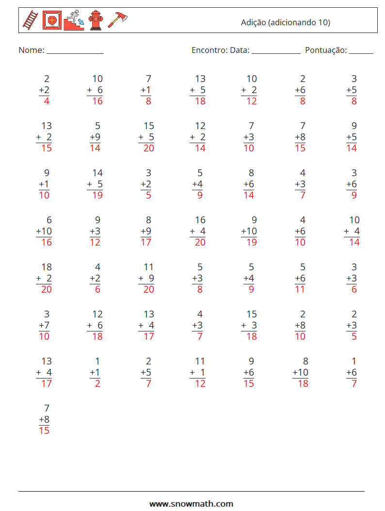 (50) Adição (adicionando 10) planilhas matemáticas 6 Pergunta, Resposta