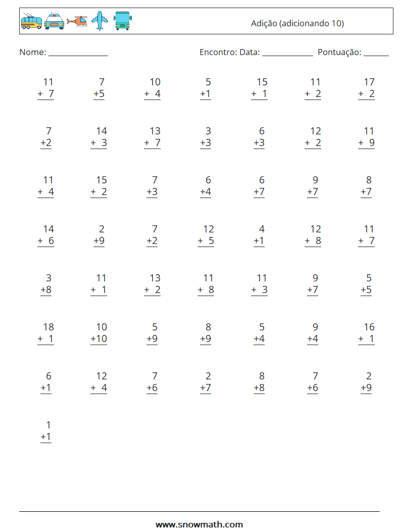 (50) Adição (adicionando 10) planilhas matemáticas 7