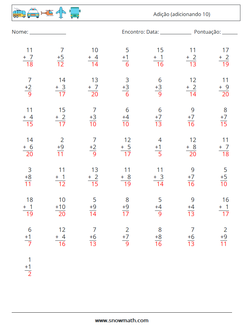 (50) Adição (adicionando 10) planilhas matemáticas 7 Pergunta, Resposta