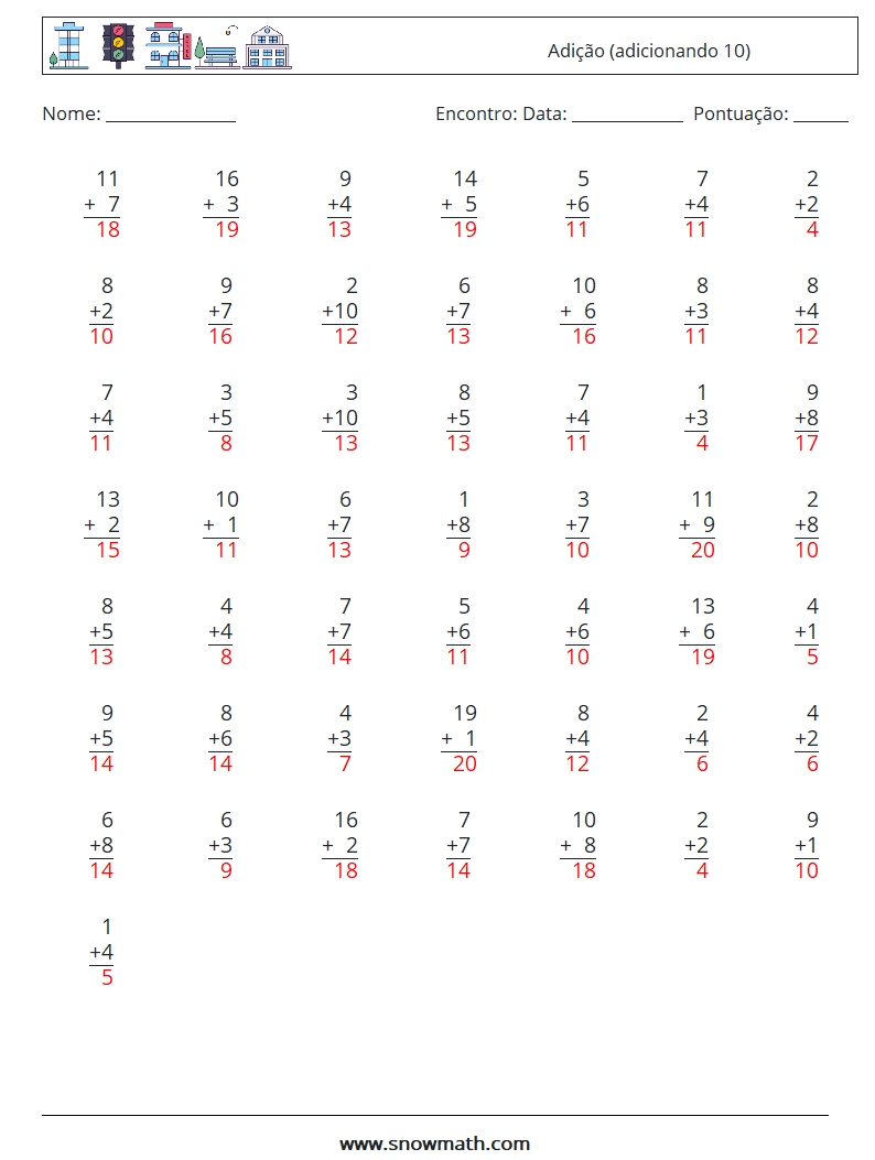 (50) Adição (adicionando 10) planilhas matemáticas 8 Pergunta, Resposta