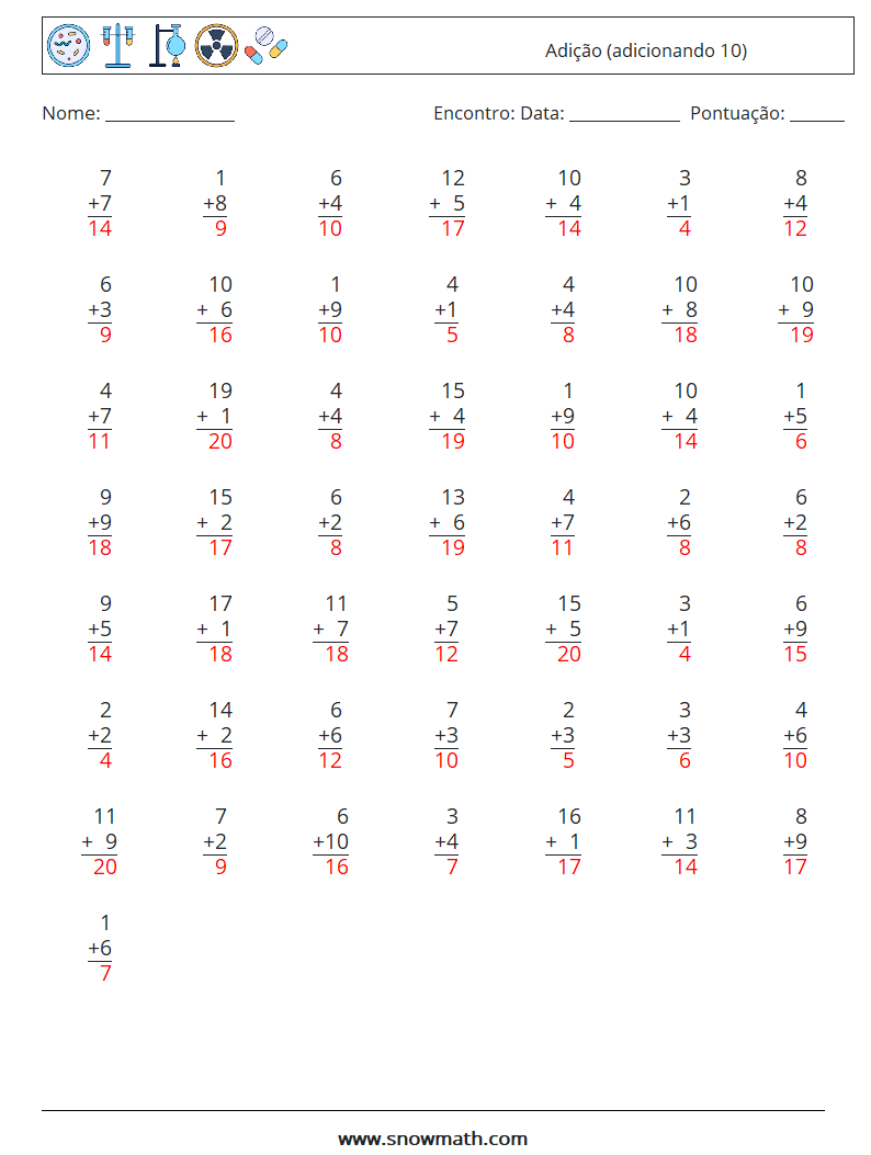 (50) Adição (adicionando 10) planilhas matemáticas 9 Pergunta, Resposta