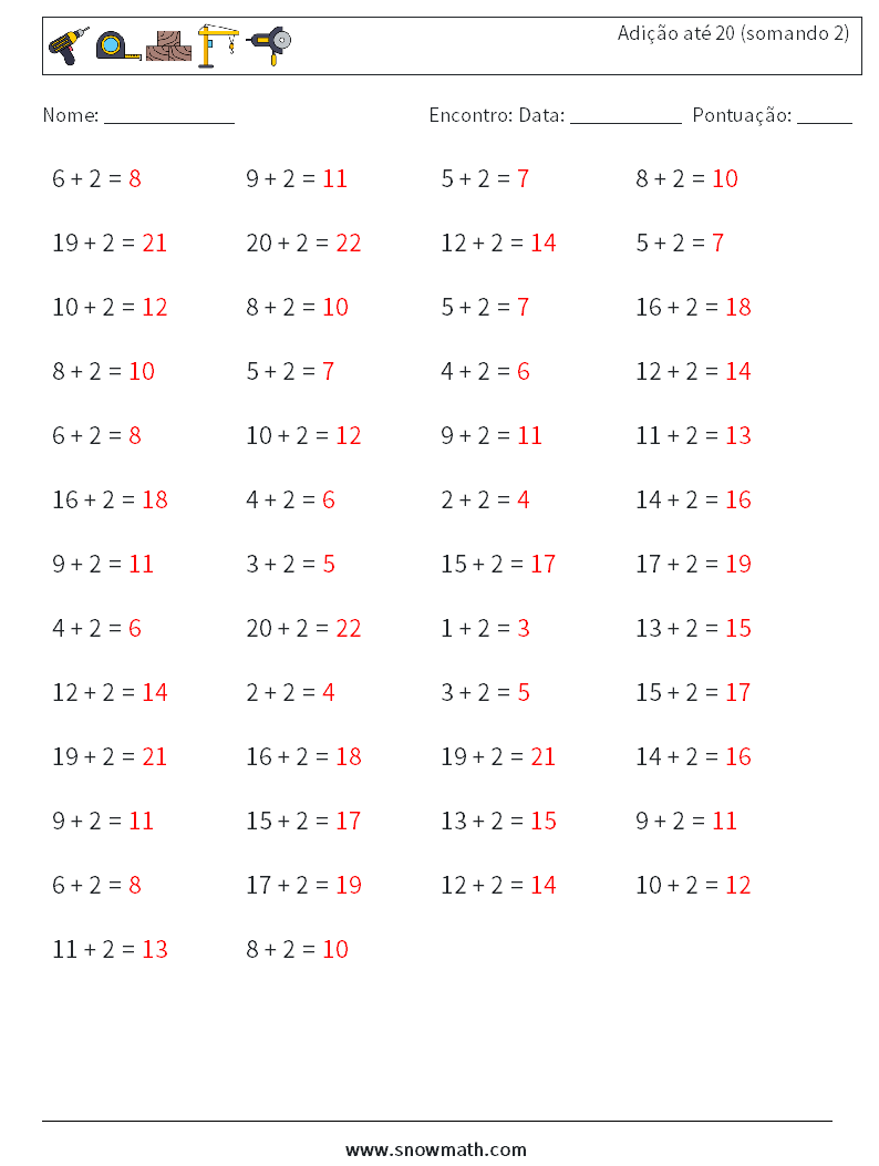 (50) Adição até 20 (somando 2) planilhas matemáticas 1 Pergunta, Resposta