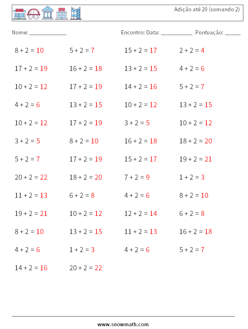 (50) Adição até 20 (somando 2) planilhas matemáticas 3 Pergunta, Resposta
