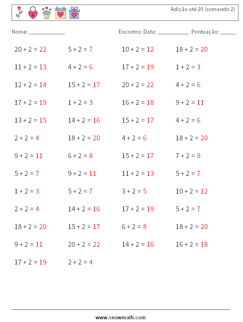 (50) Adição até 20 (somando 2) planilhas matemáticas 4 Pergunta, Resposta