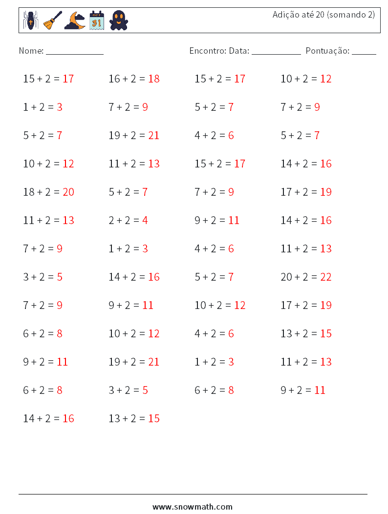 (50) Adição até 20 (somando 2) planilhas matemáticas 5 Pergunta, Resposta