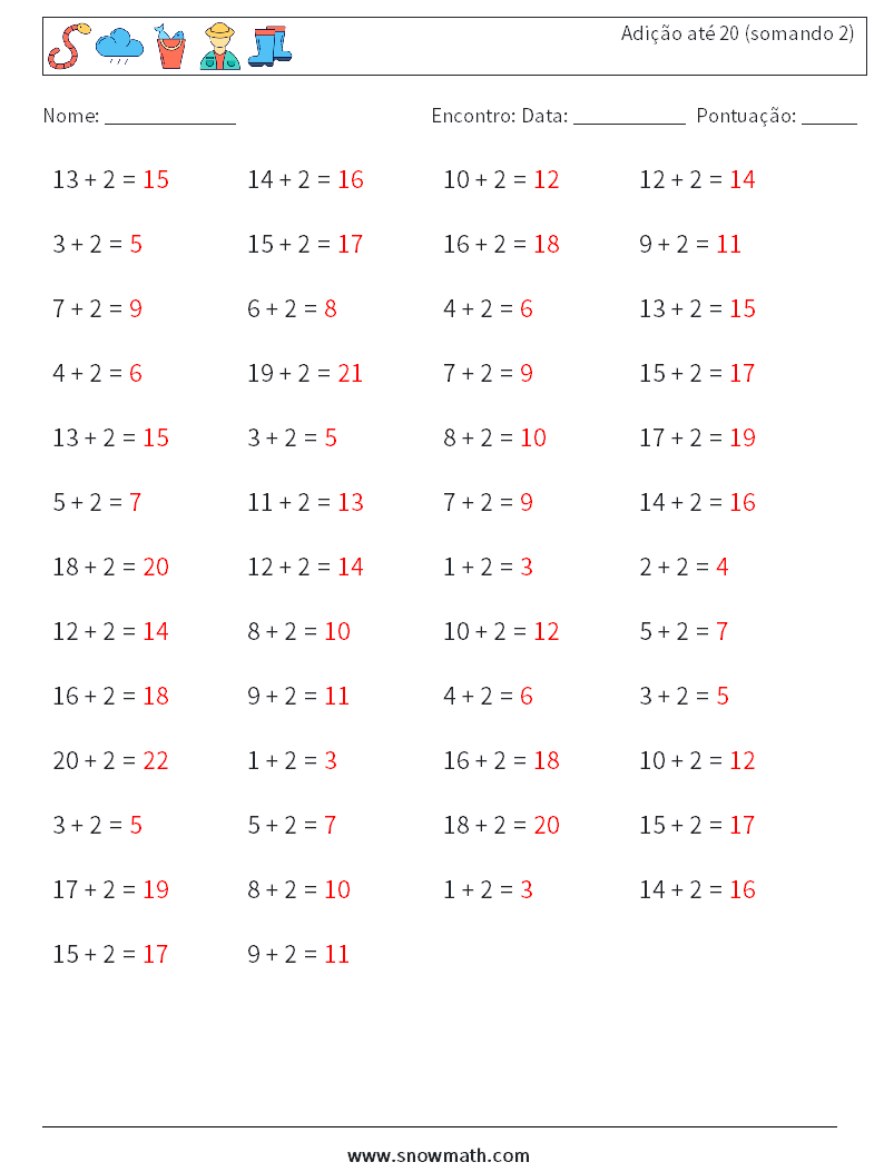 (50) Adição até 20 (somando 2) planilhas matemáticas 6 Pergunta, Resposta