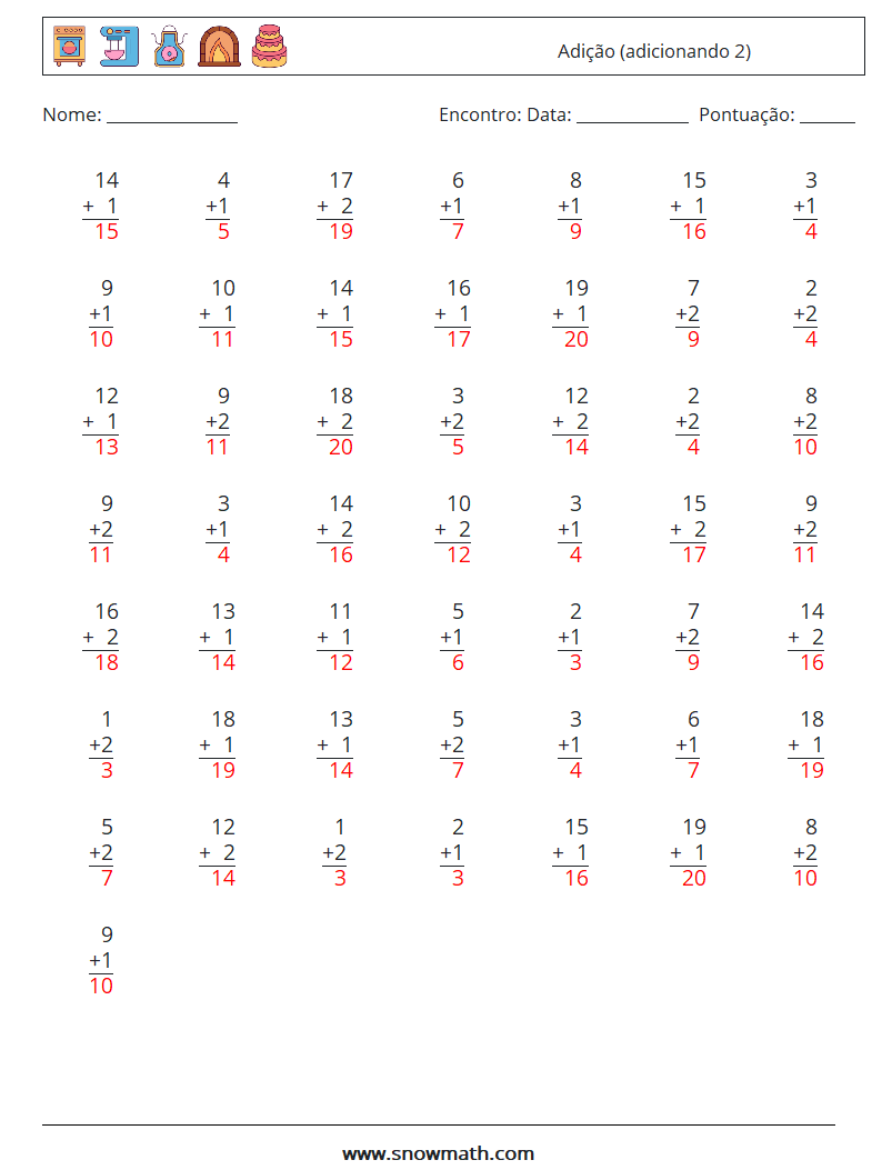 (50) Adição (adicionando 2) planilhas matemáticas 15 Pergunta, Resposta