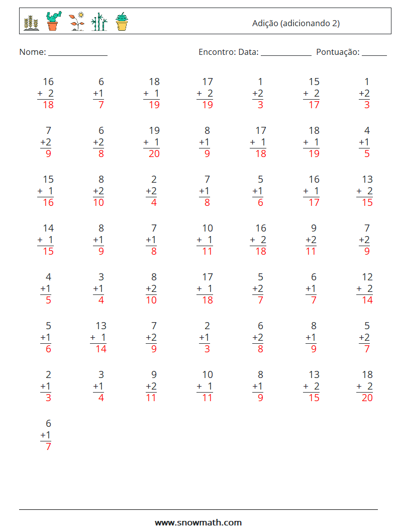 (50) Adição (adicionando 2) planilhas matemáticas 18 Pergunta, Resposta