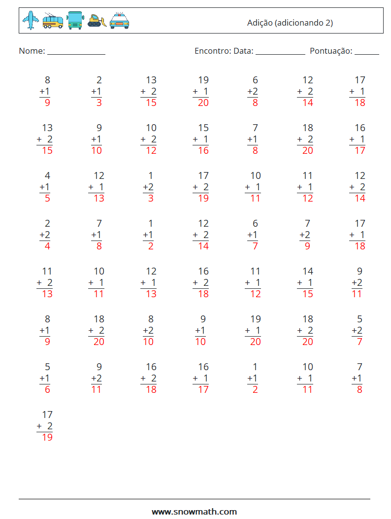 (50) Adição (adicionando 2) planilhas matemáticas 2 Pergunta, Resposta