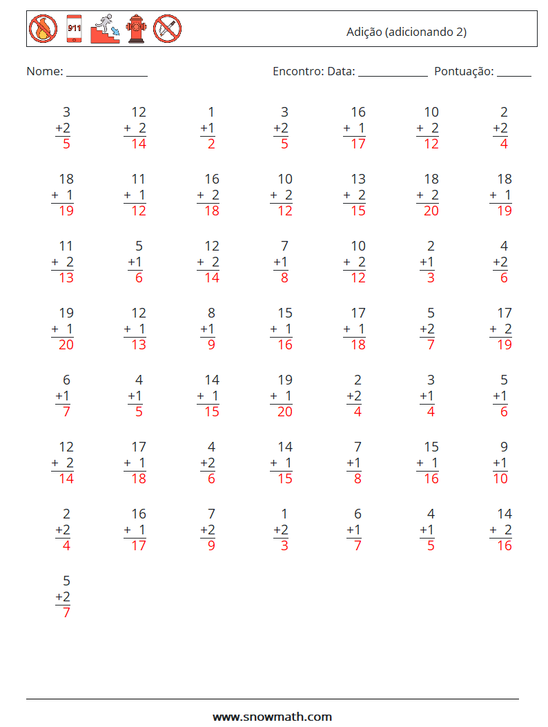 (50) Adição (adicionando 2) planilhas matemáticas 3 Pergunta, Resposta