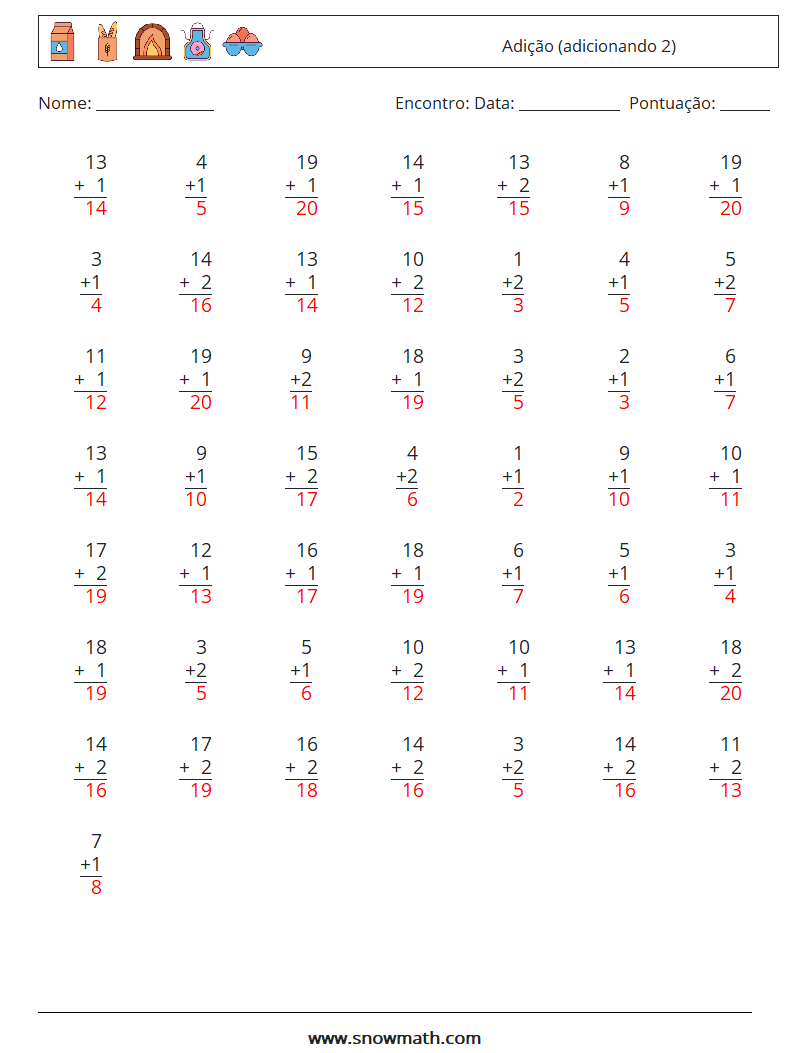 (50) Adição (adicionando 2) planilhas matemáticas 4 Pergunta, Resposta