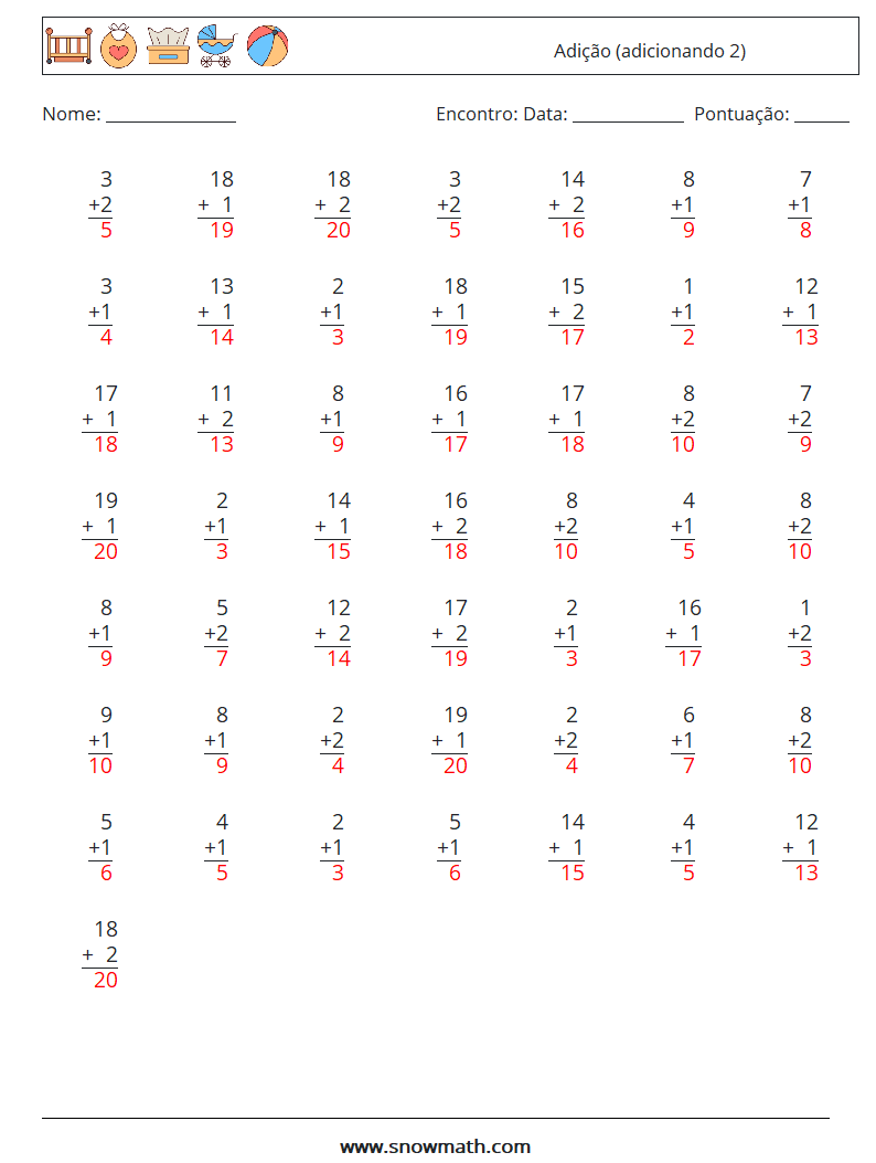 (50) Adição (adicionando 2) planilhas matemáticas 5 Pergunta, Resposta