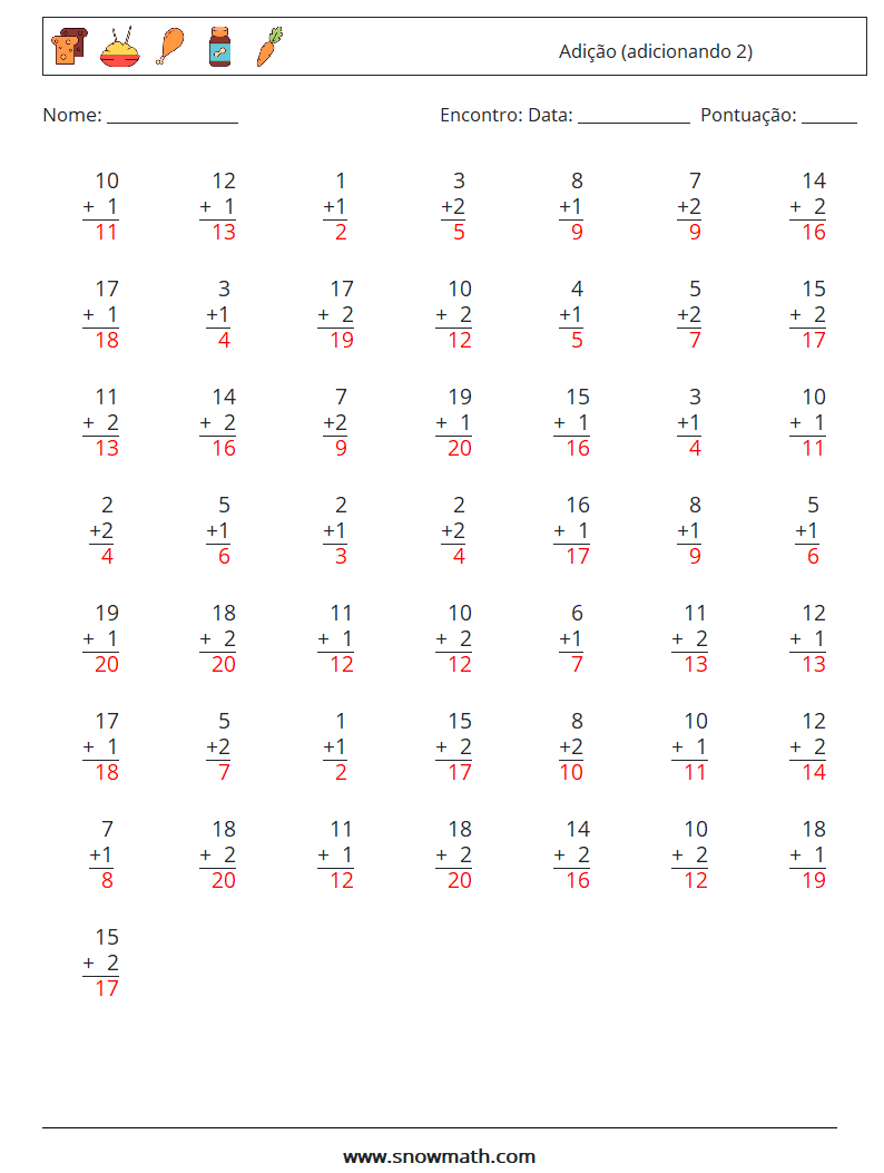 (50) Adição (adicionando 2) planilhas matemáticas 6 Pergunta, Resposta