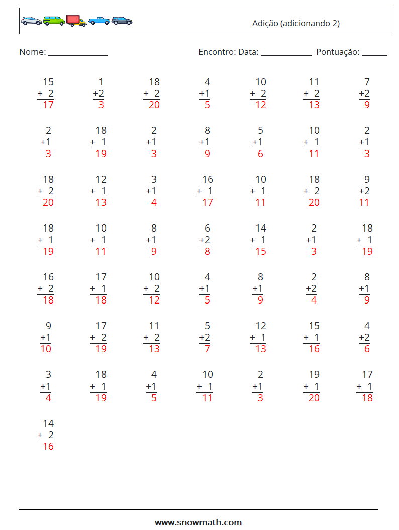 (50) Adição (adicionando 2) planilhas matemáticas 7 Pergunta, Resposta