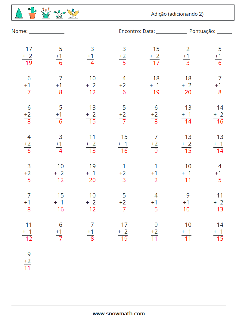 (50) Adição (adicionando 2) planilhas matemáticas 9 Pergunta, Resposta