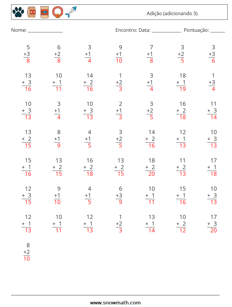 (50) Adição (adicionando 3) planilhas matemáticas 10 Pergunta, Resposta