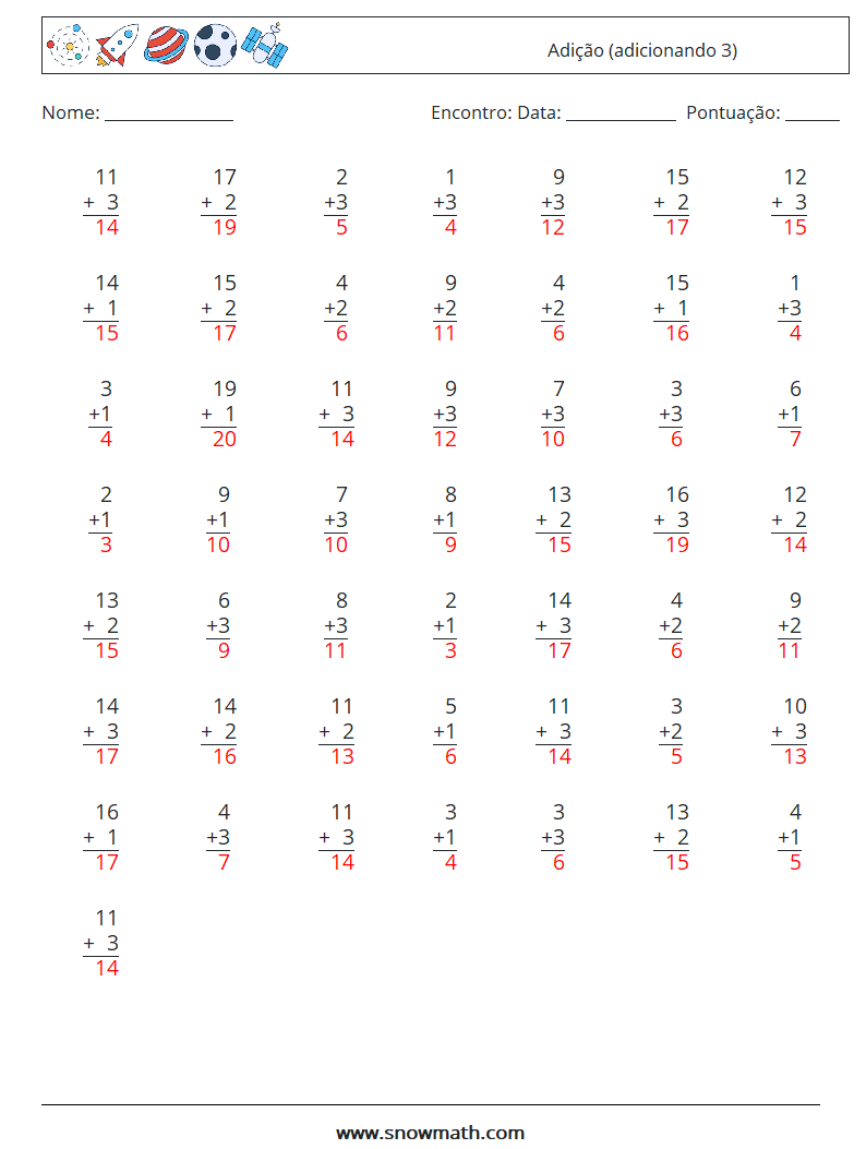 (50) Adição (adicionando 3) planilhas matemáticas 12 Pergunta, Resposta