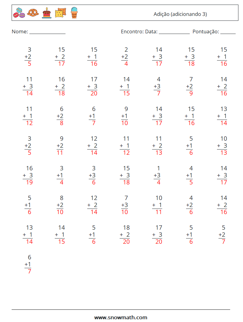 (50) Adição (adicionando 3) planilhas matemáticas 13 Pergunta, Resposta