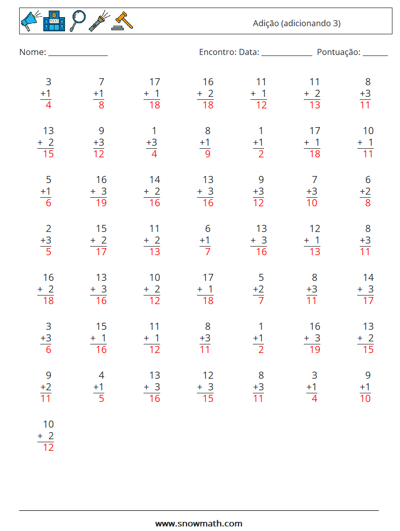 (50) Adição (adicionando 3) planilhas matemáticas 14 Pergunta, Resposta