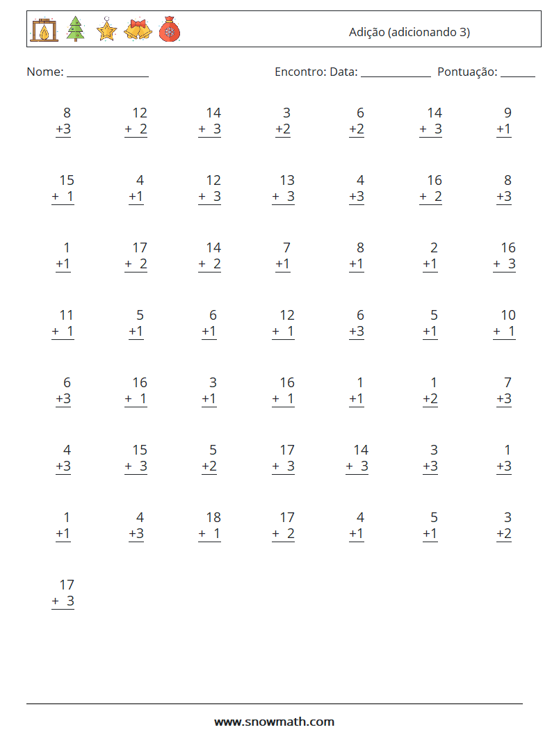 (50) Adição (adicionando 3) planilhas matemáticas 15