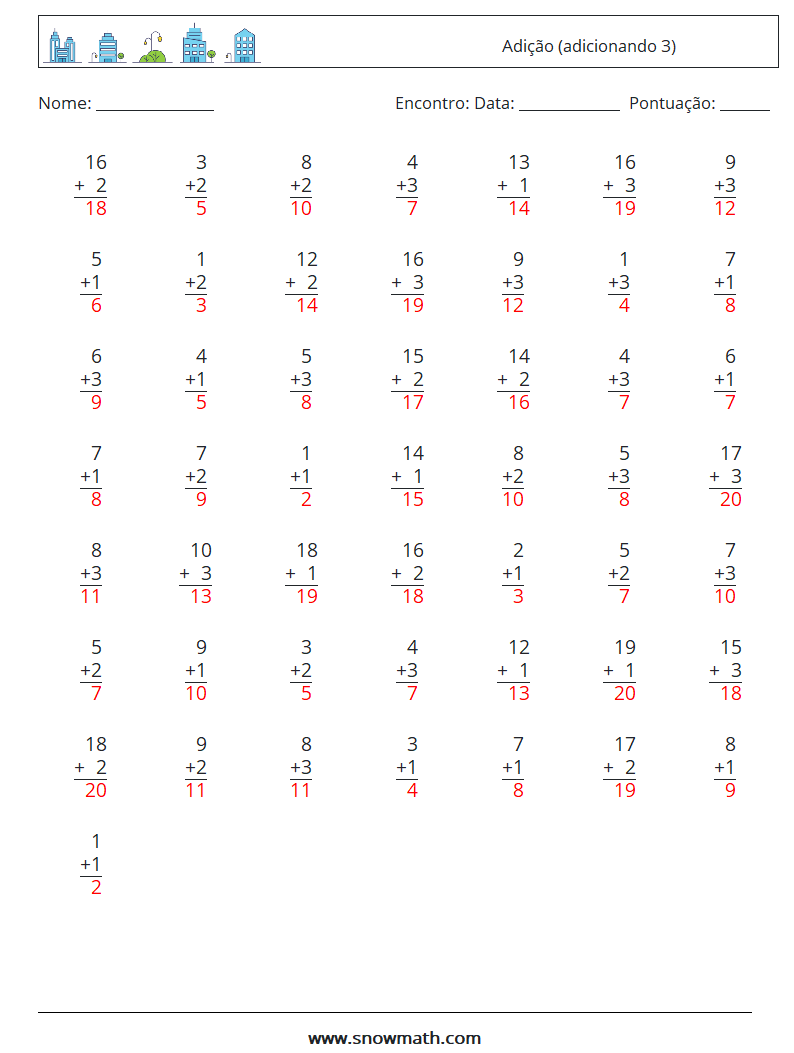 (50) Adição (adicionando 3) planilhas matemáticas 17 Pergunta, Resposta