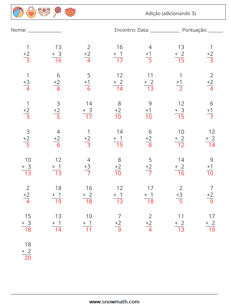 (50) Adição (adicionando 3) planilhas matemáticas 18 Pergunta, Resposta