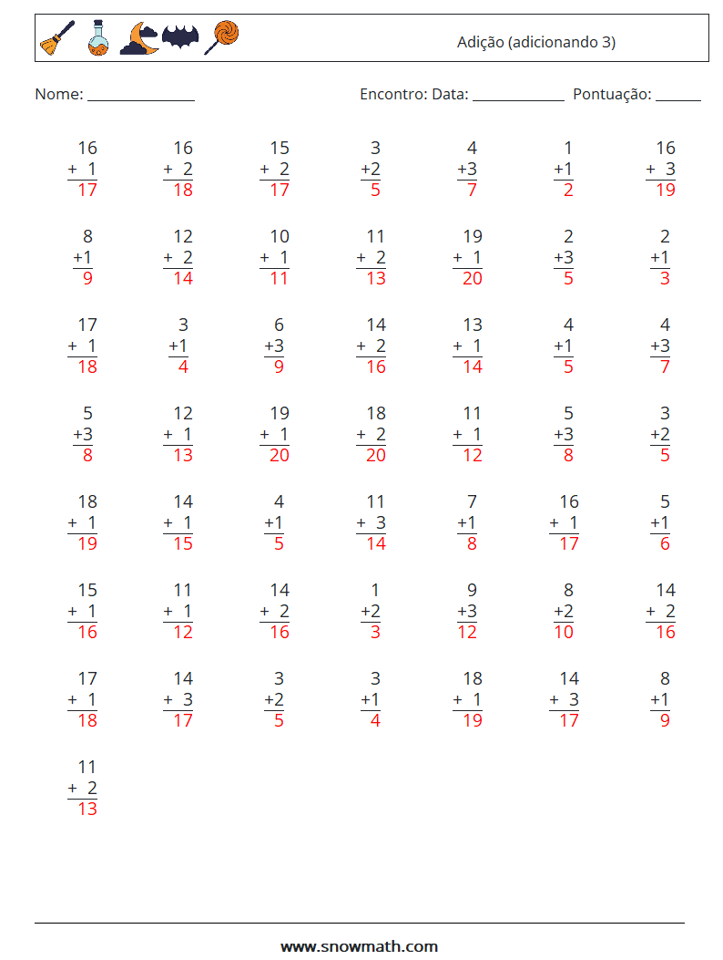 (50) Adição (adicionando 3) planilhas matemáticas 1 Pergunta, Resposta