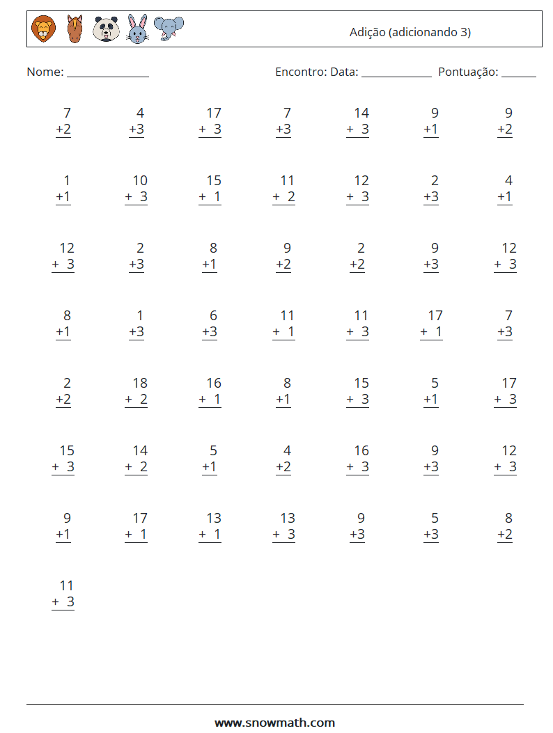 (50) Adição (adicionando 3) planilhas matemáticas 2