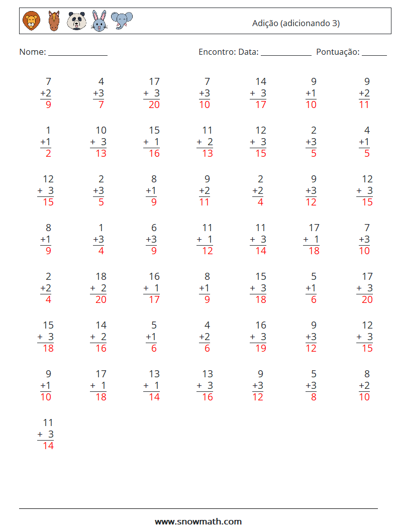 (50) Adição (adicionando 3) planilhas matemáticas 2 Pergunta, Resposta