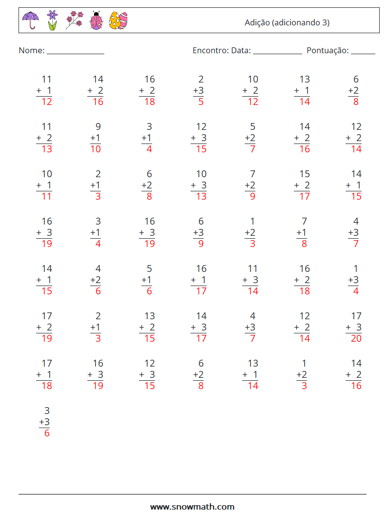 (50) Adição (adicionando 3) planilhas matemáticas 3 Pergunta, Resposta