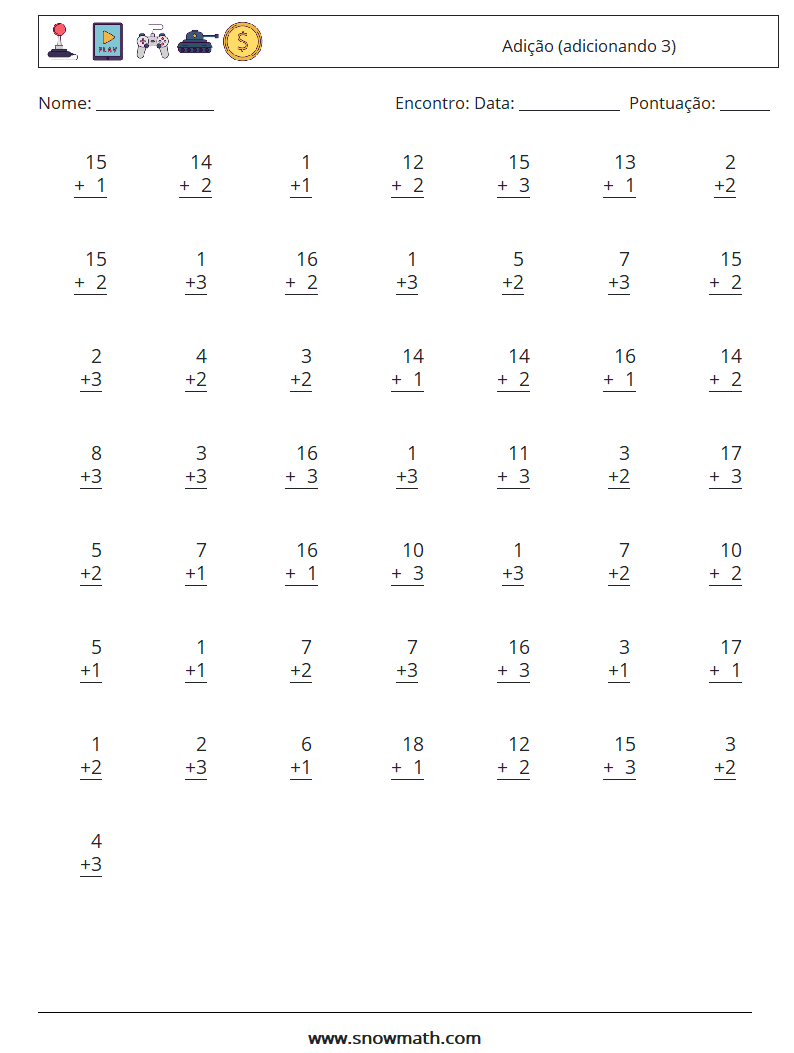 (50) Adição (adicionando 3) planilhas matemáticas 6