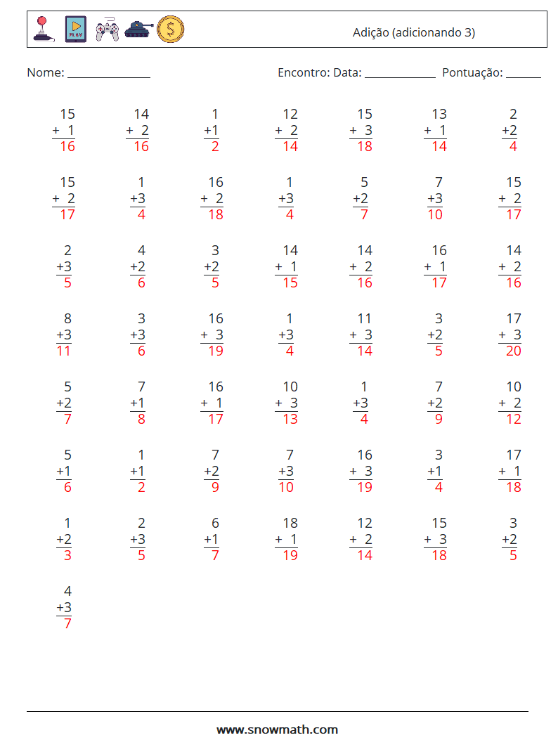 (50) Adição (adicionando 3) planilhas matemáticas 6 Pergunta, Resposta