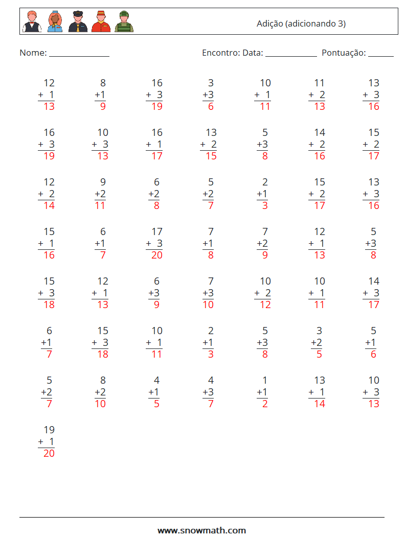 (50) Adição (adicionando 3) planilhas matemáticas 7 Pergunta, Resposta