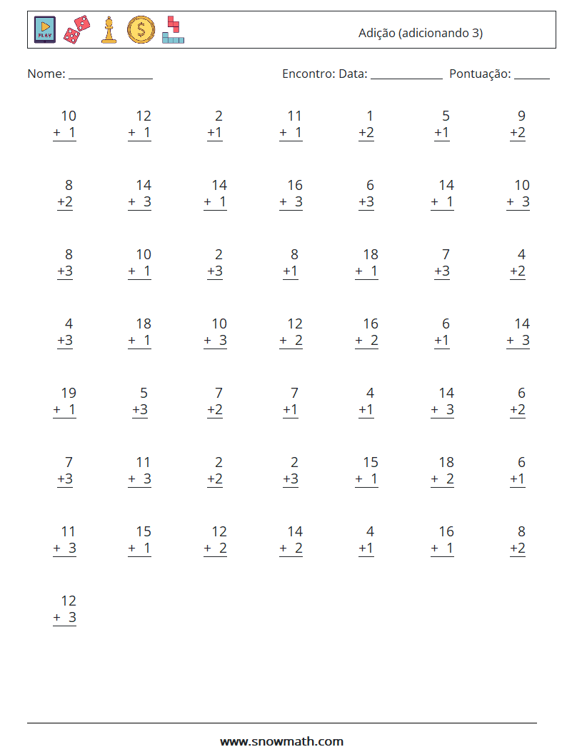 (50) Adição (adicionando 3) planilhas matemáticas 8