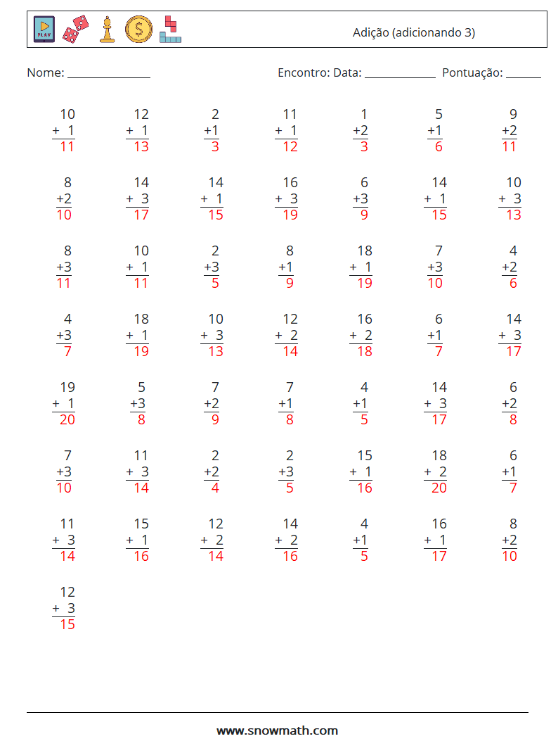 (50) Adição (adicionando 3) planilhas matemáticas 8 Pergunta, Resposta