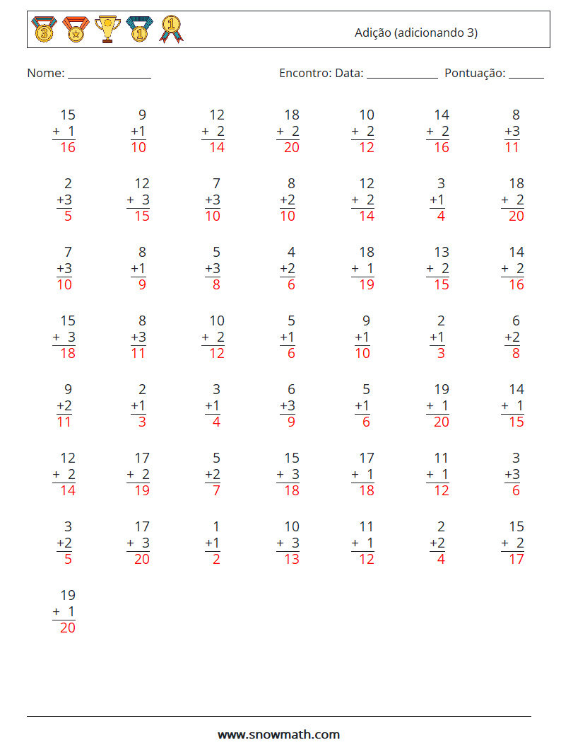 (50) Adição (adicionando 3) planilhas matemáticas 9 Pergunta, Resposta