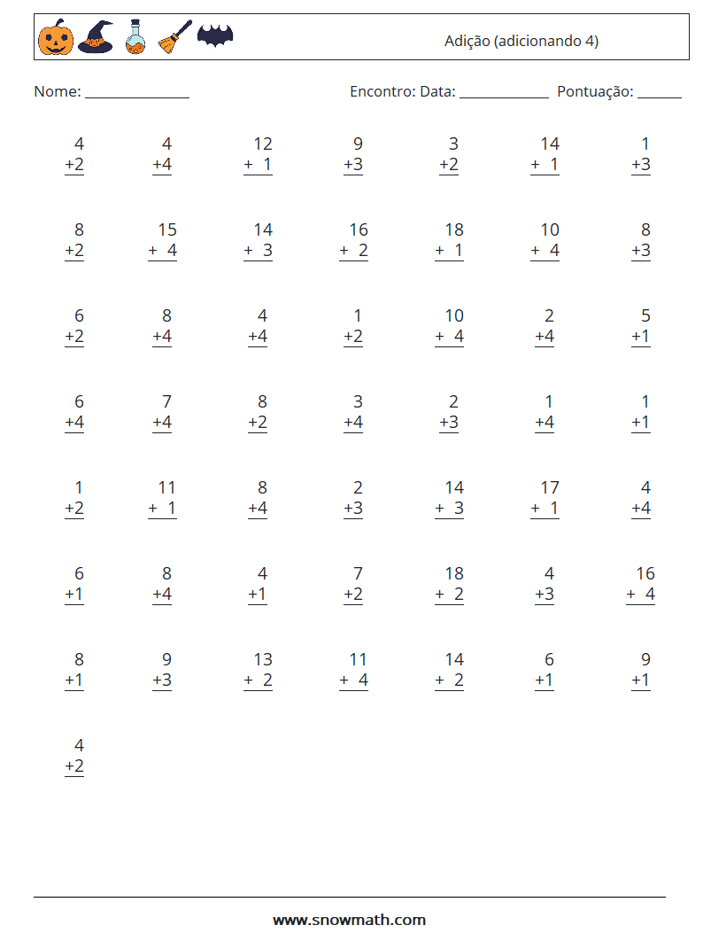 (50) Adição (adicionando 4) planilhas matemáticas 10