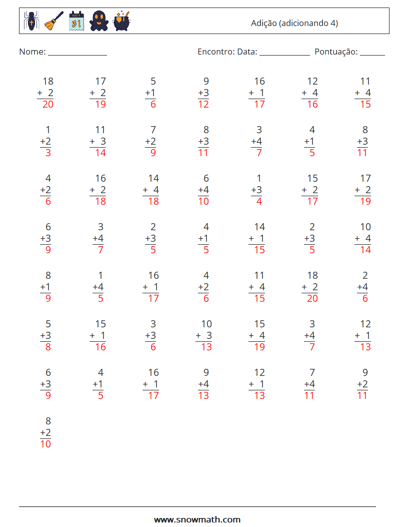 (50) Adição (adicionando 4) planilhas matemáticas 13 Pergunta, Resposta