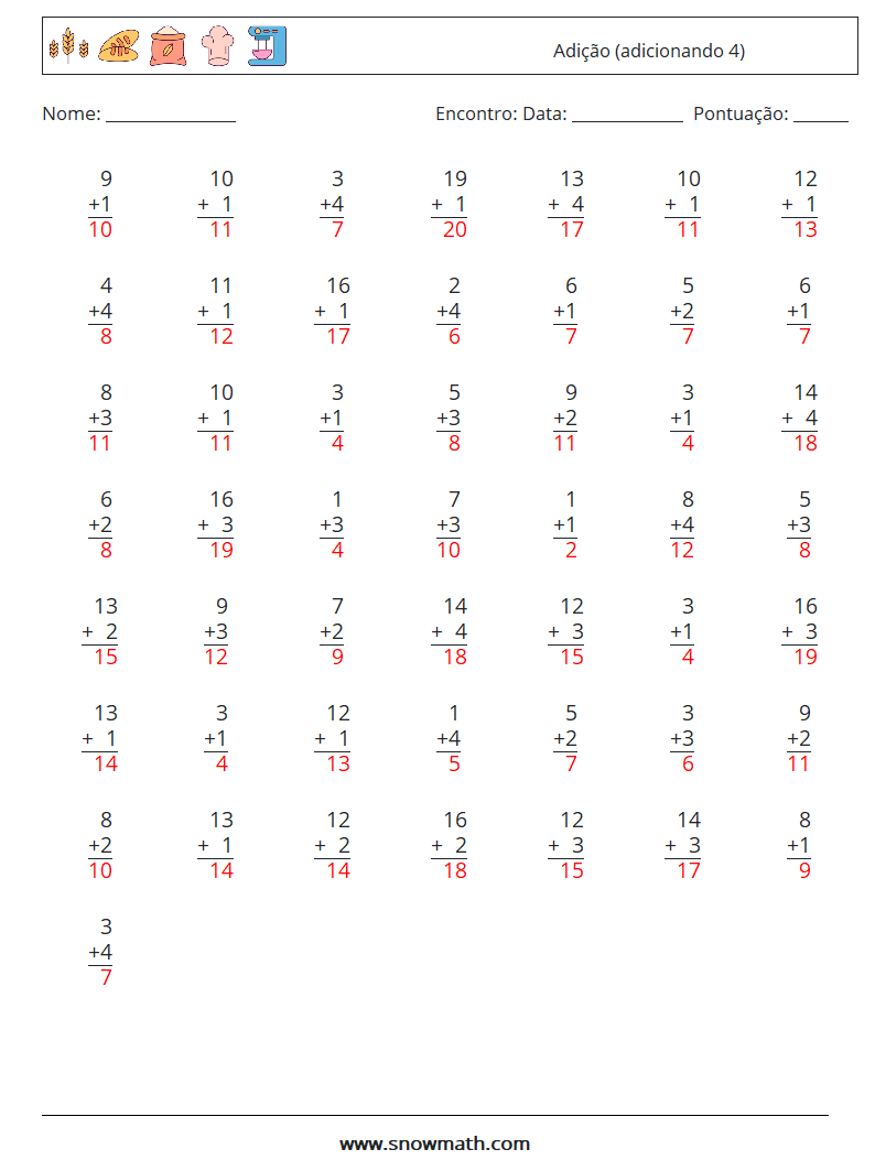 (50) Adição (adicionando 4) planilhas matemáticas 16 Pergunta, Resposta