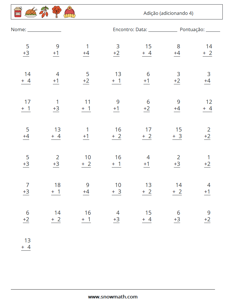 (50) Adição (adicionando 4) planilhas matemáticas 17