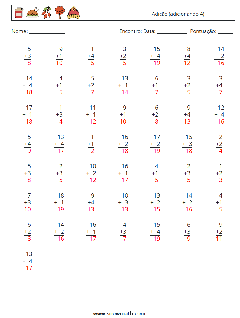 (50) Adição (adicionando 4) planilhas matemáticas 17 Pergunta, Resposta