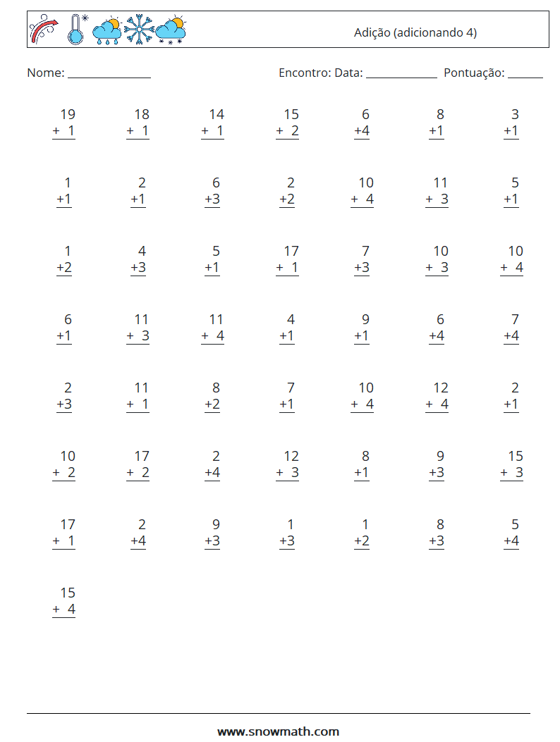 (50) Adição (adicionando 4) planilhas matemáticas 18