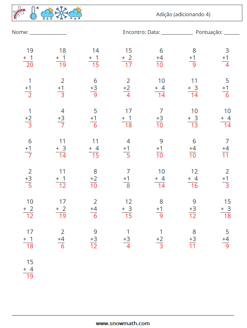 (50) Adição (adicionando 4) planilhas matemáticas 18 Pergunta, Resposta