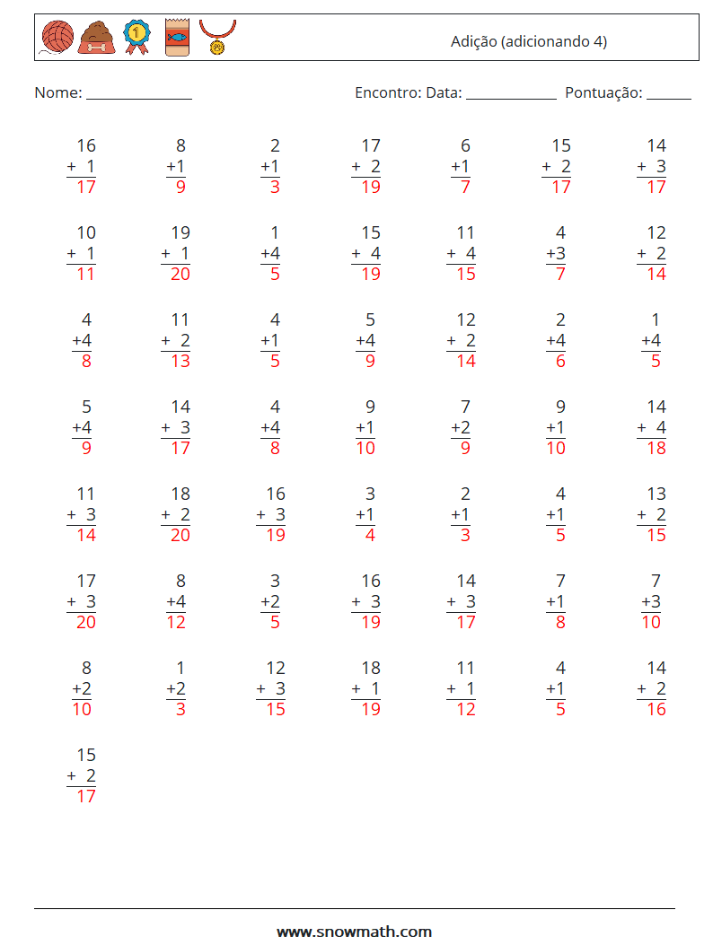 (50) Adição (adicionando 4) planilhas matemáticas 1 Pergunta, Resposta